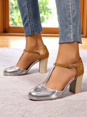 Vintage Casual Two-Tone Round Toe T-Strap Heeled Shoes - Image 12