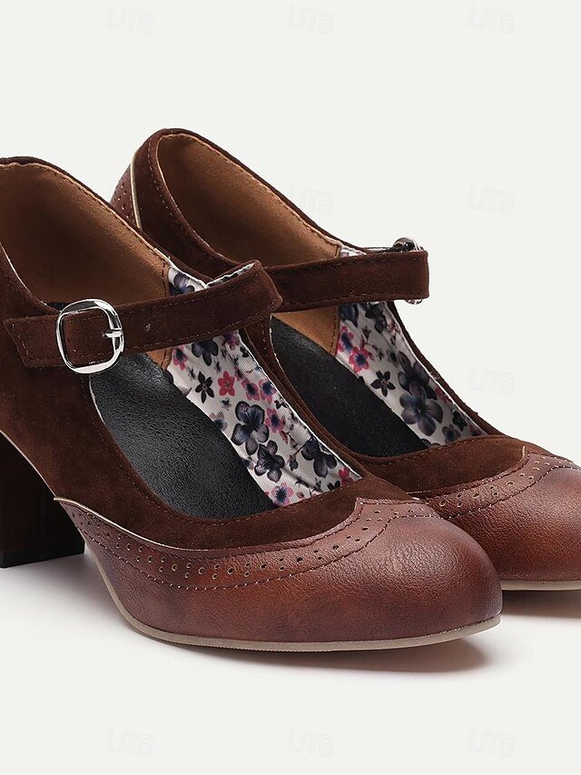 Vintage Chunky Heel Brogue Round Toe Mary Jane Heels - Image 1