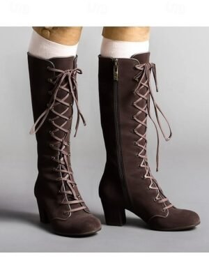 Vintage Chunky Heel Faux Suede Lace-Up Knee-High Boots - Image 1