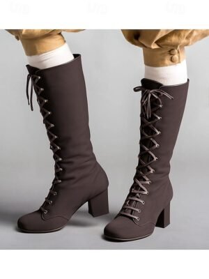Vintage Chunky Heel Faux Suede Lace-Up Knee-High Boots - Image 2
