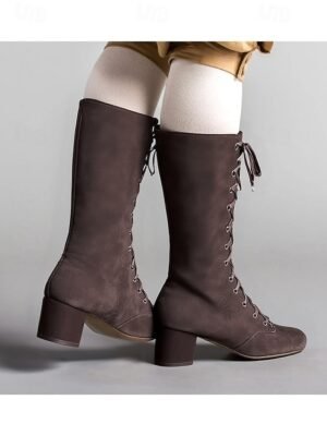 Vintage Chunky Heel Faux Suede Lace-Up Knee-High Boots - Image 3