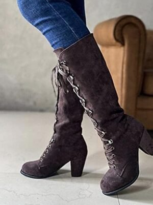 Vintage Chunky Heel Faux Suede Lace-Up Knee-High Boots - Image 4