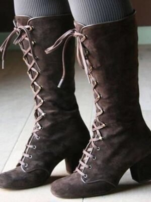 Vintage Chunky Heel Faux Suede Lace-Up Knee-High Boots - Image 5