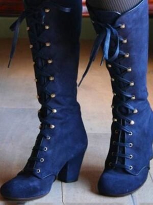 Vintage Chunky Heel Faux Suede Lace-Up Knee-High Boots - Image 7