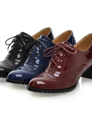 Vintage Chunky Heel Patent Leather Lace-Up Oxford Shoes - Image 1