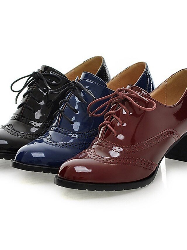Vintage Chunky Heel Patent Leather Lace-Up Oxford Shoes - Image 1
