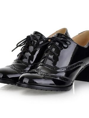 Vintage Chunky Heel Patent Leather Lace-Up Oxford Shoes - Image 3