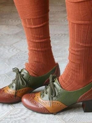 Vintage Cone Heel Colour Block Round Toe Buckle Pumps - Image 1