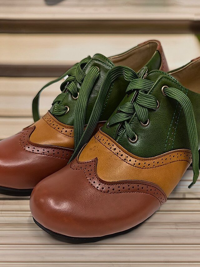 Vintage Cone Heel Colour Block Round Toe Buckle Pumps - Image 5
