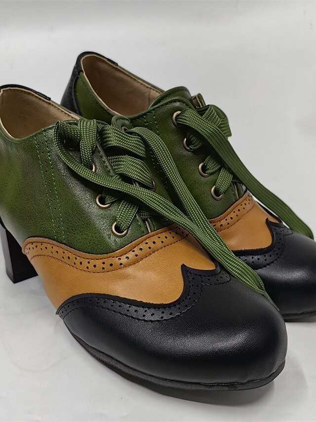 Vintage Cone Heel Colour Block Round Toe Buckle Pumps - Image 7
