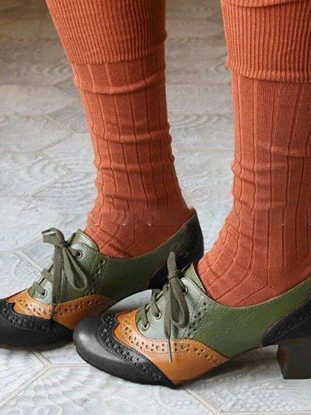 Vintage Cone Heel Colour Block Round Toe Buckle Pumps - Image 8