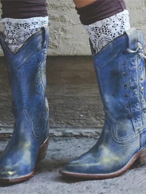 Vintage Distressed Pointed Toe Knee-High Cowboy Boots - Image 9