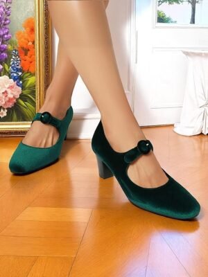 Vintage Elegant Green Velvet T-Strap Block Heel Mary Jane Heels - Image 13