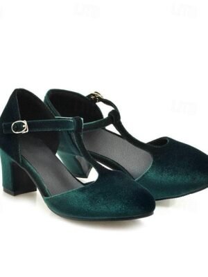 Vintage Elegant Green Velvet T-Strap Block Heel Mary Jane Heels - Image 2