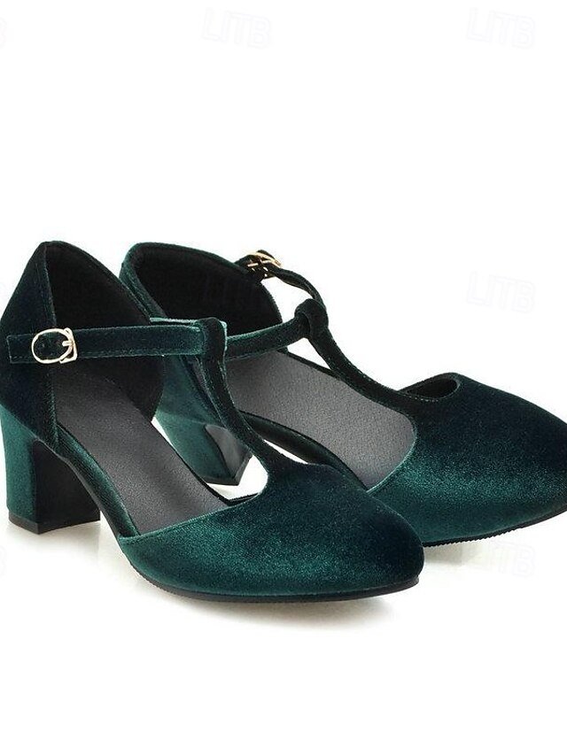 Vintage Elegant Green Velvet T-Strap Block Heel Mary Jane Heels - Image 2