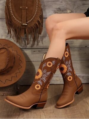 Vintage Embroidered Western Faux Leather Festival Cowboy Boots - Image 1