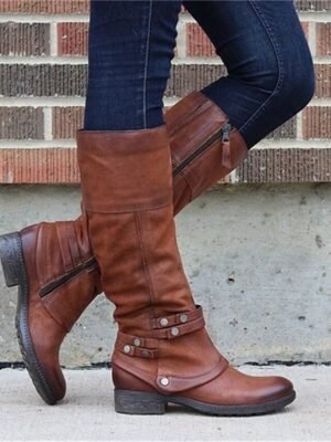 Vintage Faux Leather Round Toe Knee-High Riding Boots - Image 1