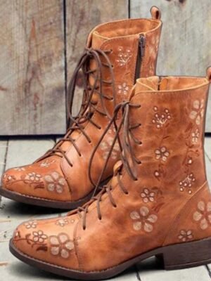 Vintage Floral Embroidered Round Toe Lace-Up Ankle Boots - Image 1