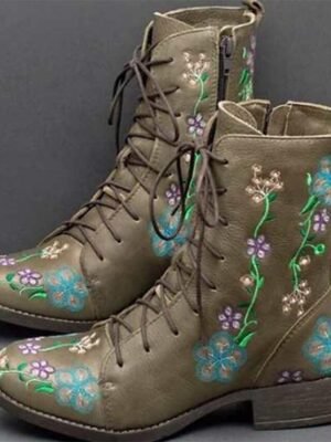 Vintage Floral Embroidered Round Toe Lace-Up Ankle Boots - Image 10