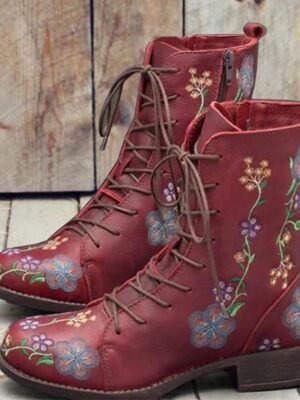 Vintage Floral Embroidered Round Toe Lace-Up Ankle Boots - Image 3