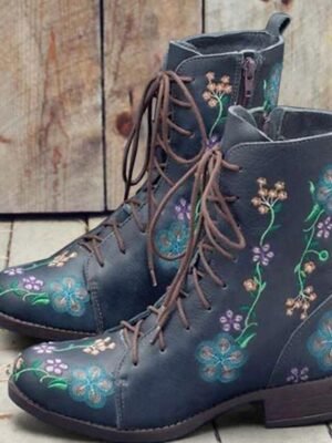 Vintage Floral Embroidered Round Toe Lace-Up Ankle Boots - Image 5