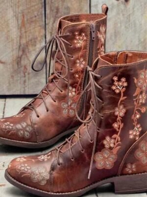 Vintage Floral Embroidered Round Toe Lace-Up Ankle Boots - Image 7