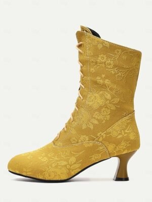 Vintage Floral Lace-Up Ankle Mid Heel Jacquard Boots - Image 6