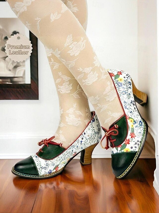 Vintage Floral Lace-Up Cowhide Leather Heels - Image 2