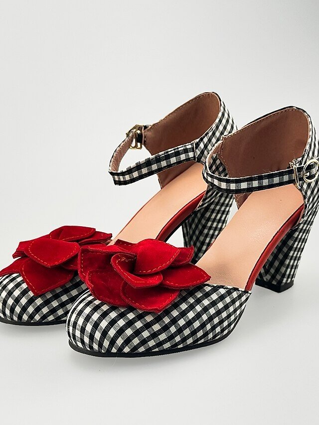 Vintage Gingham Check Mary Jane Heels with Red Flower Embellishments - Image 1