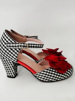 Vintage Gingham Check Mary Jane Heels with Red Flower Embellishments - Image 10