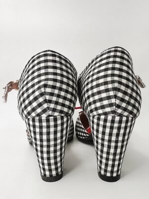 Vintage Gingham Check Mary Jane Heels with Red Flower Embellishments - Image 11