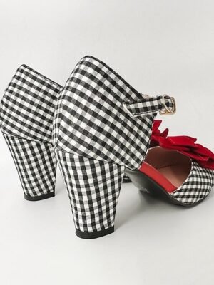 Vintage Gingham Check Mary Jane Heels with Red Flower Embellishments - Image 12