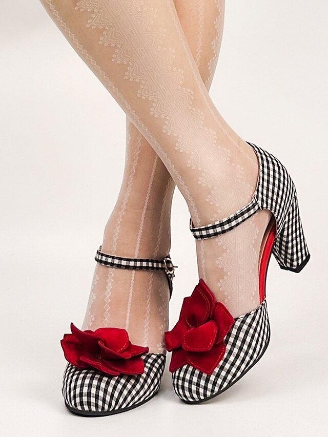 Vintage Gingham Check Mary Jane Heels with Red Flower Embellishments - Image 2