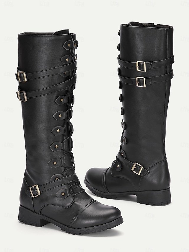 Vintage Gothic Knee-High Black Buckle Strap Combat Boots - Image 1