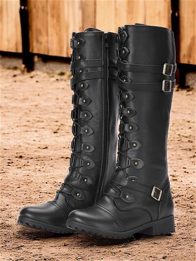 Vintage Gothic Knee-High Black Buckle Strap Combat Boots - Image 2