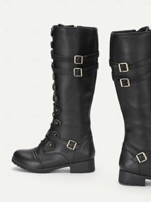 Vintage Gothic Knee-High Black Buckle Strap Combat Boots - Image 3