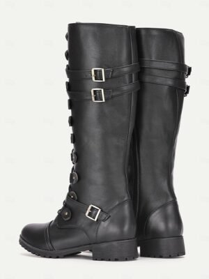 Vintage Gothic Knee-High Black Buckle Strap Combat Boots - Image 4