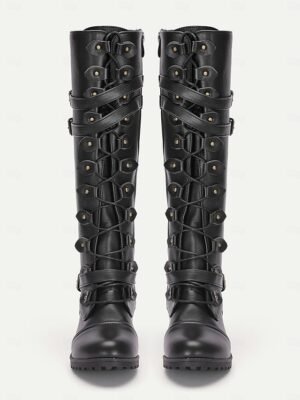 Vintage Gothic Knee-High Black Buckle Strap Combat Boots - Image 5