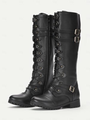 Vintage Gothic Knee-High Black Buckle Strap Combat Boots - Image 6