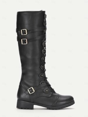 Vintage Gothic Knee-High Black Buckle Strap Combat Boots - Image 7