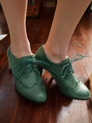Vintage Green Lace-Up Brogue Chunky Heel Oxford Shoes - Image 1