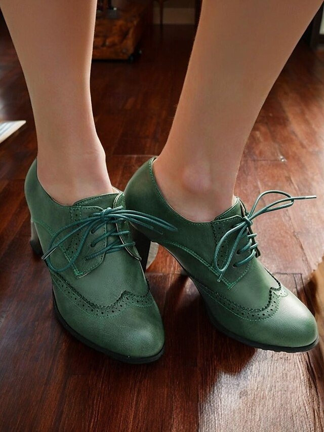Vintage Green Lace-Up Brogue Chunky Heel Oxford Shoes - Image 1