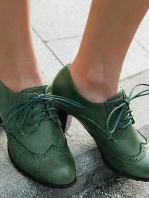 Vintage Green Lace-Up Brogue Chunky Heel Oxford Shoes - Image 2