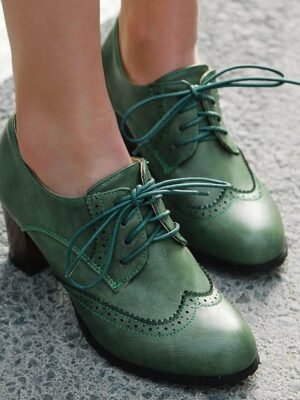 Vintage Green Lace-Up Brogue Chunky Heel Oxford Shoes - Image 3