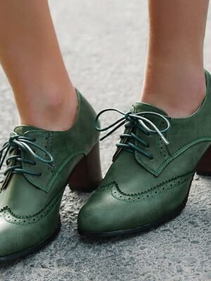 Vintage Green Lace-Up Brogue Chunky Heel Oxford Shoes - Image 4