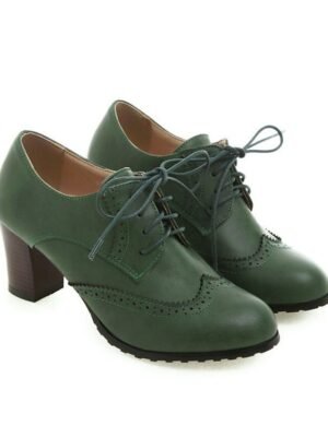 Vintage Green Lace-Up Brogue Chunky Heel Oxford Shoes - Image 5