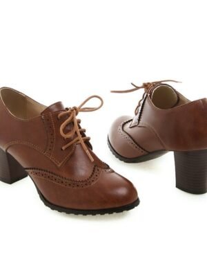 Vintage Green Lace-Up Brogue Chunky Heel Oxford Shoes - Image 7