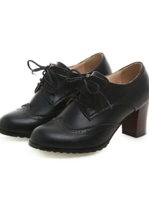 Vintage Green Lace-Up Brogue Chunky Heel Oxford Shoes - Image 8