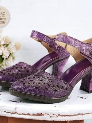 Vintage Handmade Floral Embossed Ankle Strap Heels - Image 1