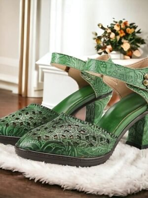 Vintage Handmade Floral Embossed Ankle Strap Heels - Image 6